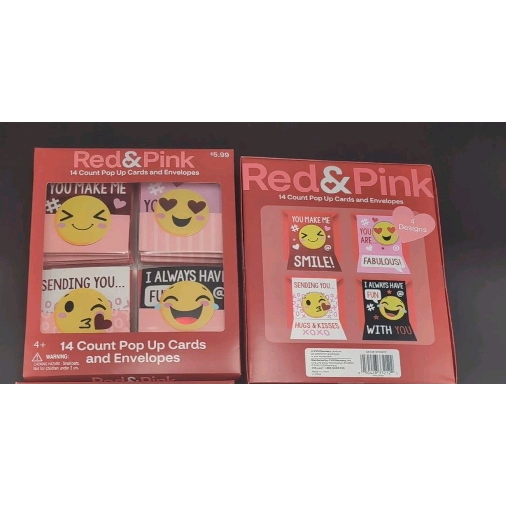 Red & Pink Pop Up Cards & Envelopes emoji Lot of 2 Boxes 28 Valentines
